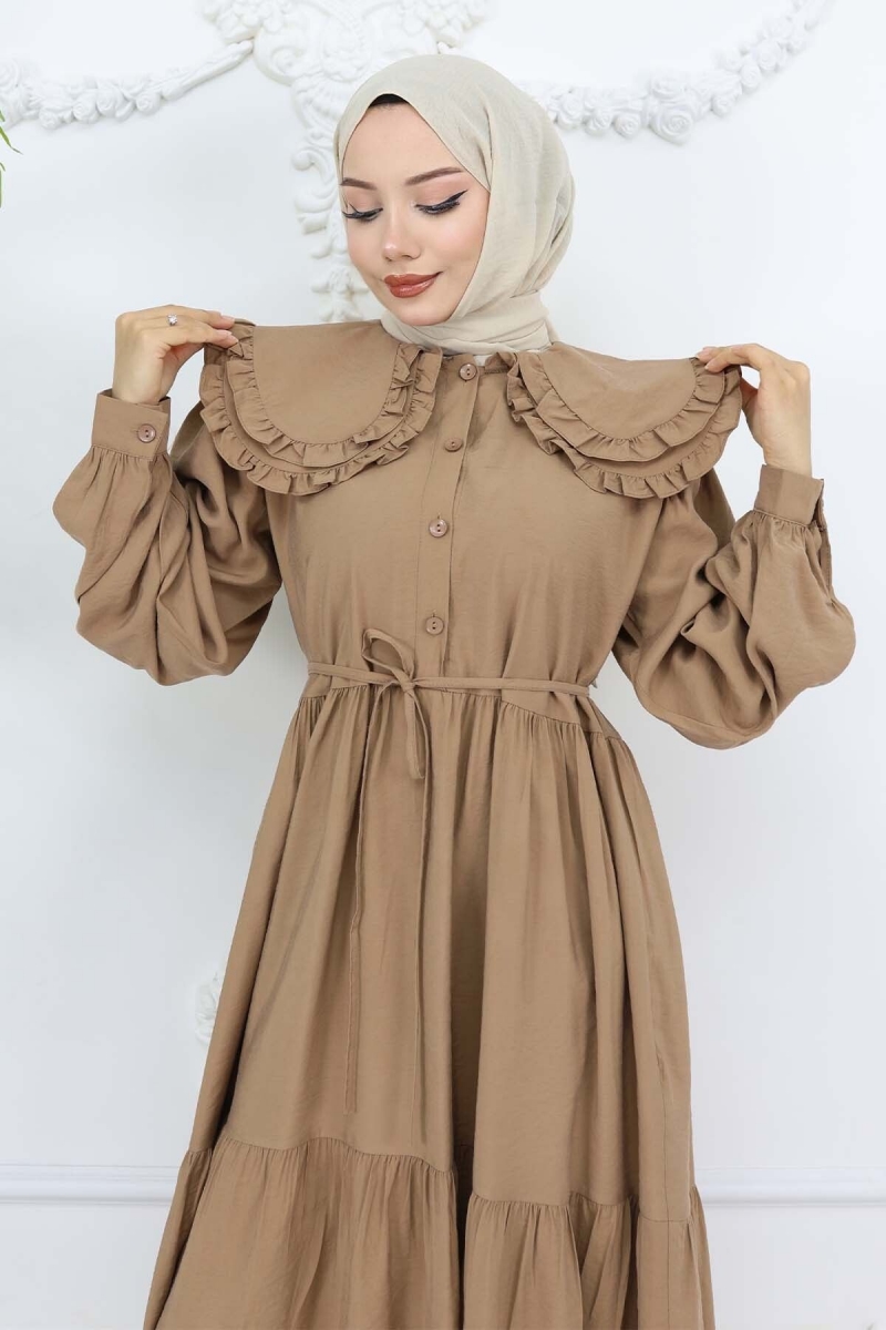 Bebe Yaka Önü Düğmeli Elbise Taba AY10315