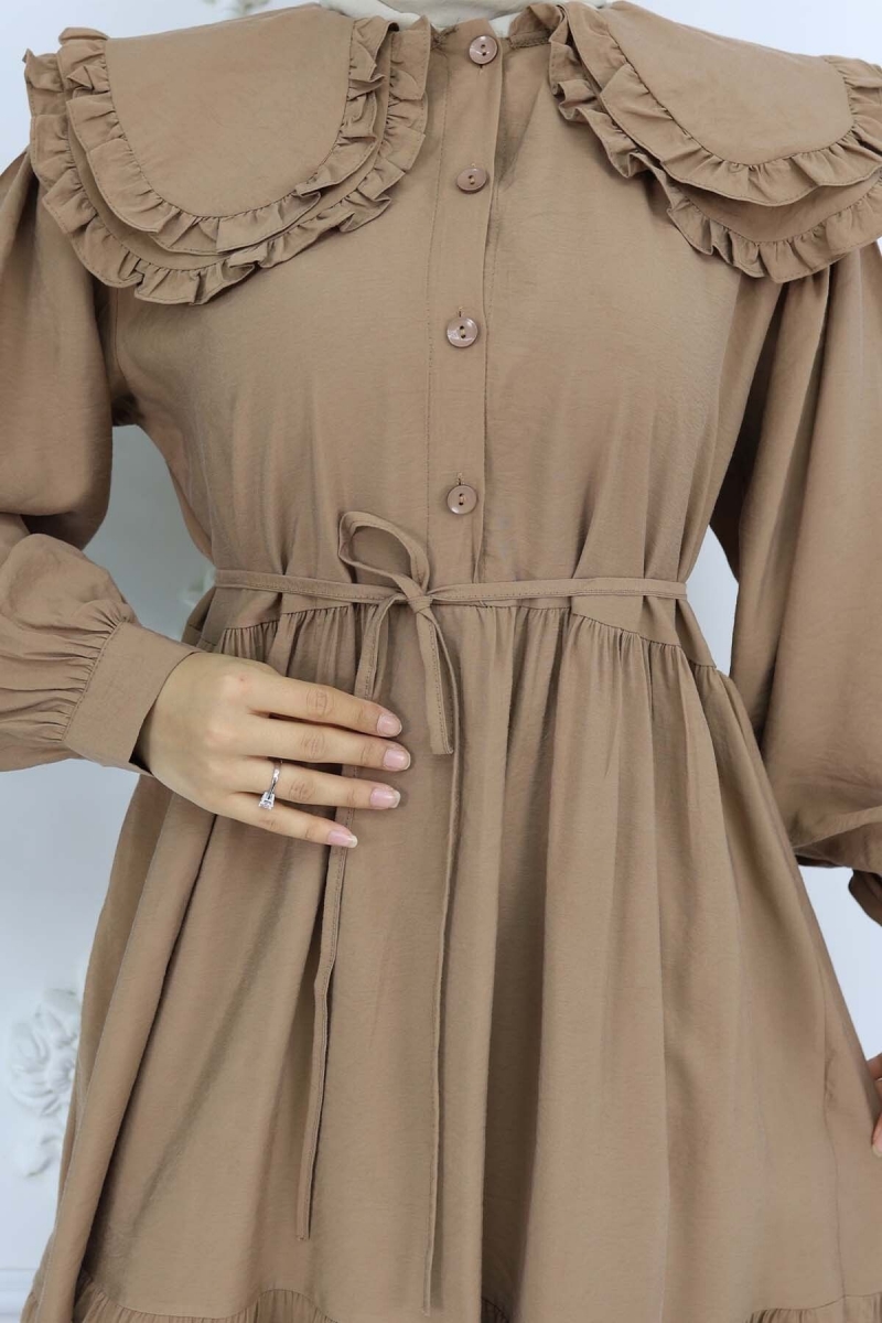 Bebe Yaka Önü Düğmeli Elbise Taba AY10315
