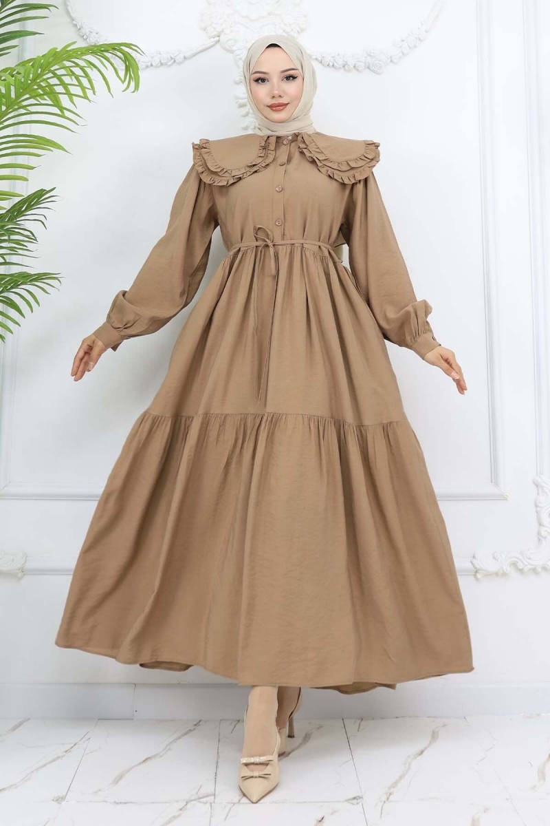 Bebe Yaka Önü Düğmeli Elbise Taba AY10315