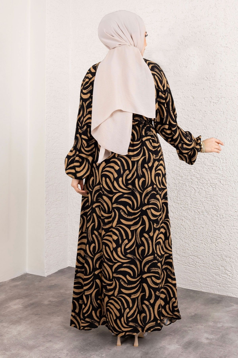 Desenli Beli Lastikli Viskon Elbise Tsd Kahverengi AY10741