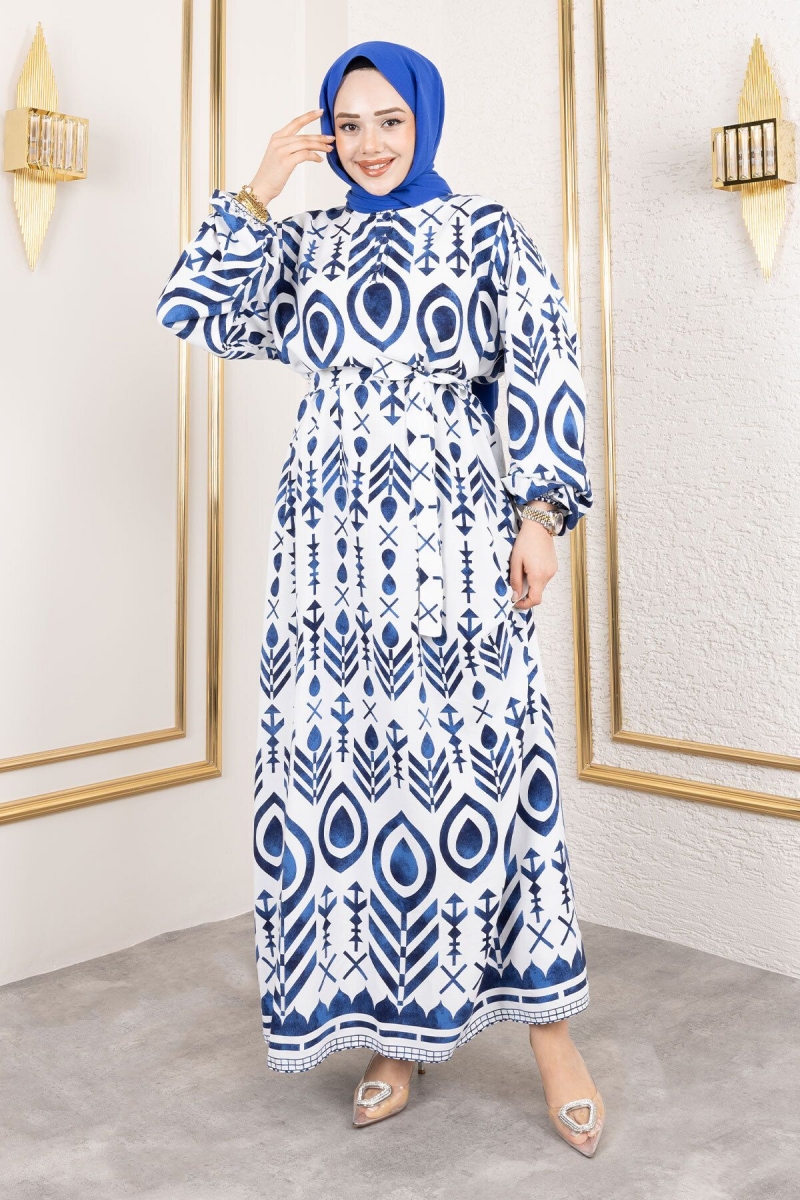 Damla Desenli Viskon Elbise Tsd İndigo AY13262