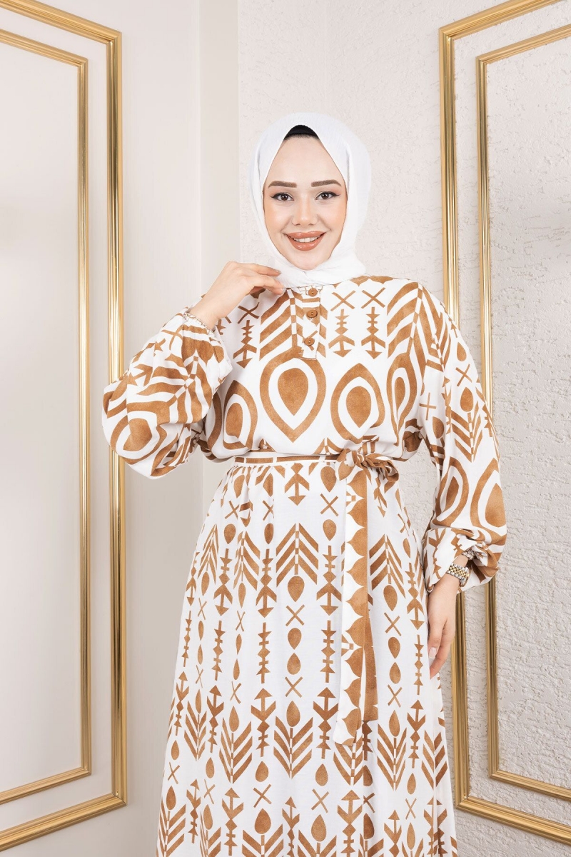 Damla Desenli Viskon Elbise Tsd Camel AY13262