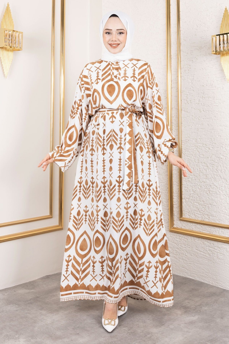 Damla Desenli Viskon Elbise Tsd Camel AY13262