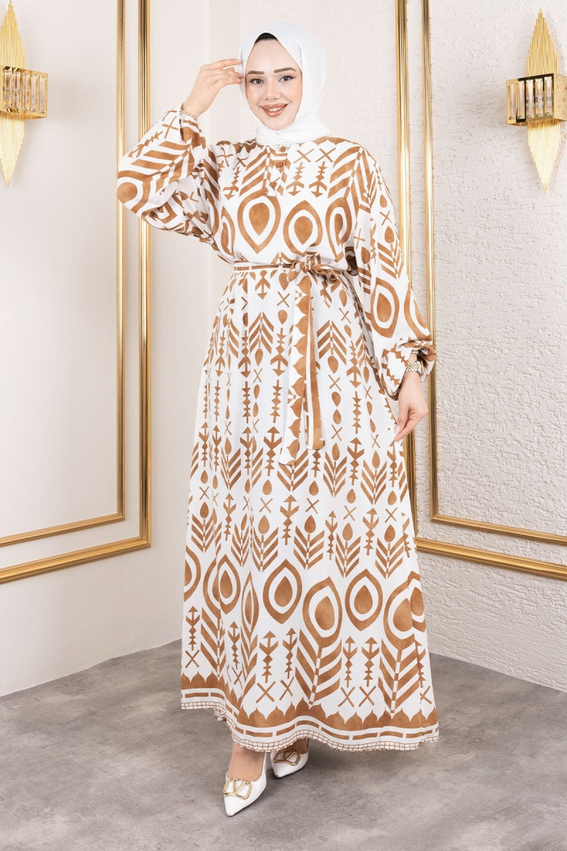 Damla Desenli Viskon Elbise Tsd Camel AY13262