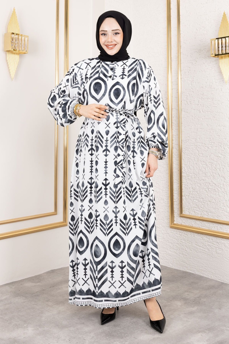 Damla Desenli Viskon Elbise Tsd Siyah AY13262