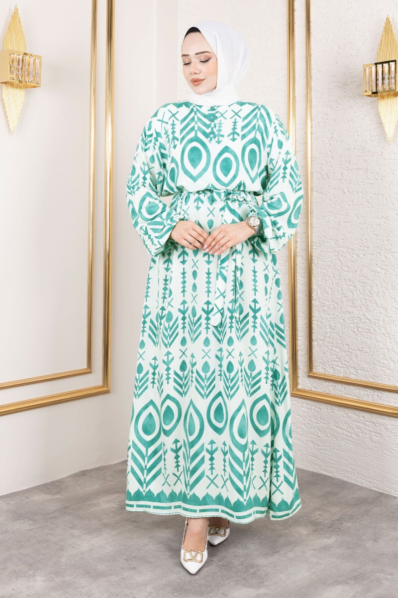 Damla Desenli Viskon Elbise Tsd Mint Yeşili AY13262