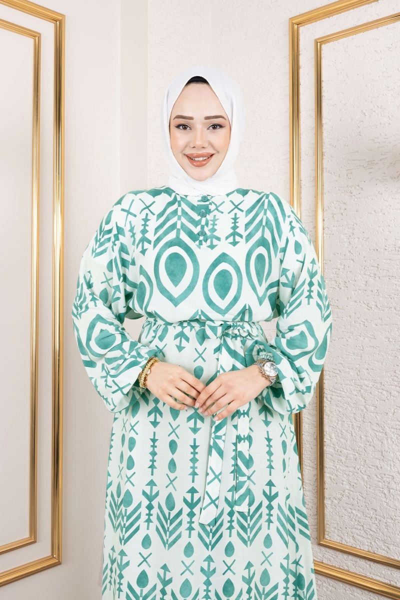 Damla Desenli Viskon Elbise Tsd Mint Yeşili AY13262