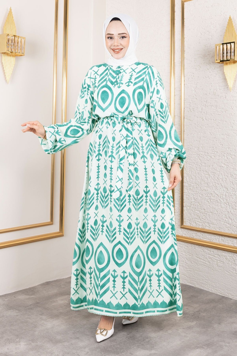 Damla Desenli Viskon Elbise Tsd Mint Yeşili AY13262