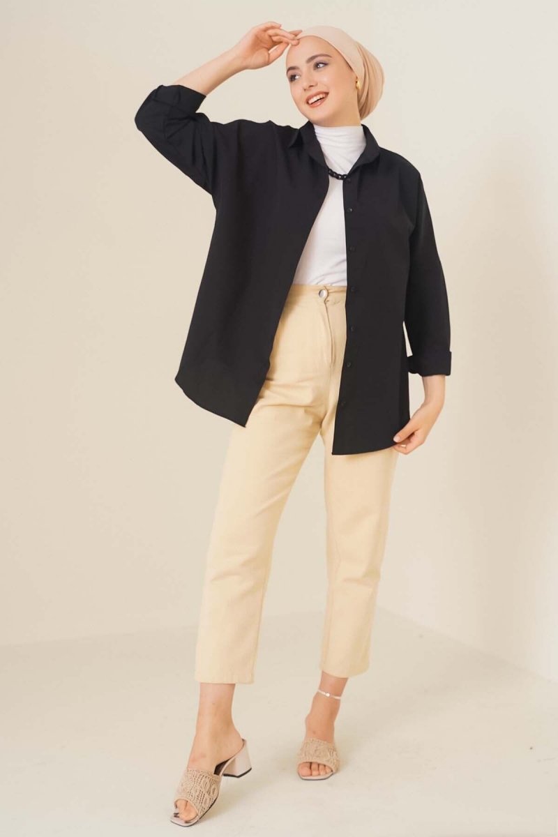 Oversize Basic Tesettür Gömlek - Siyah AY13304