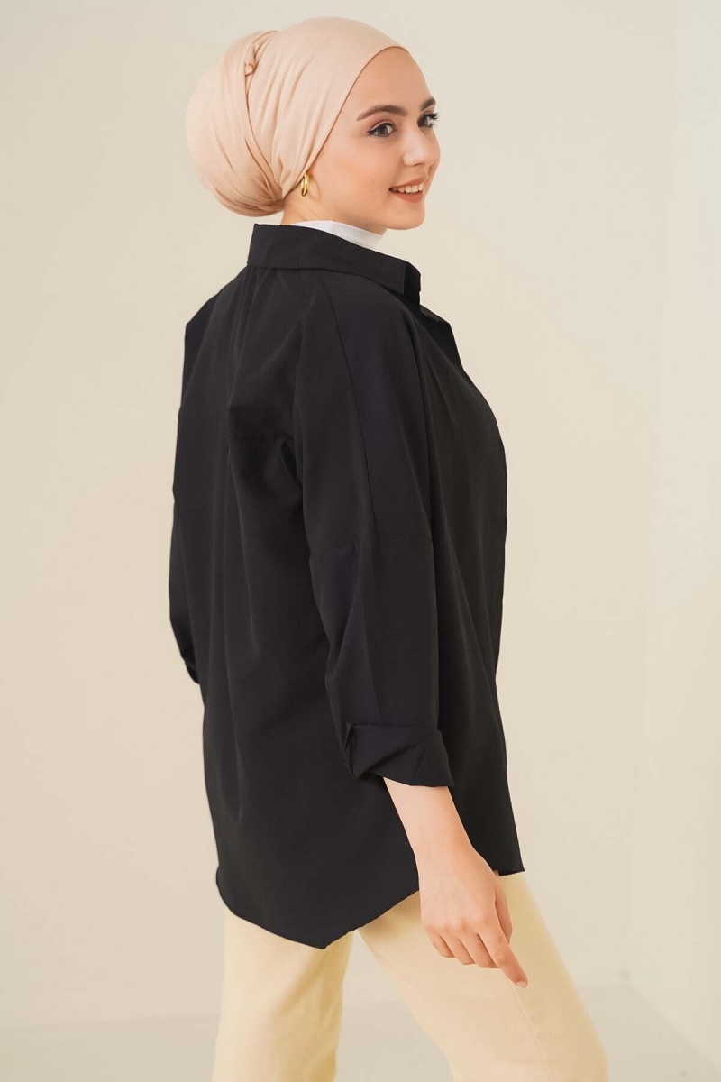 Oversize Basic Tesettür Gömlek - Siyah AY13304