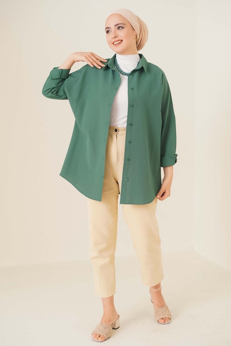 Oversize Basic Tesettür Gömlek - Zümrüt Yeşili AY13304