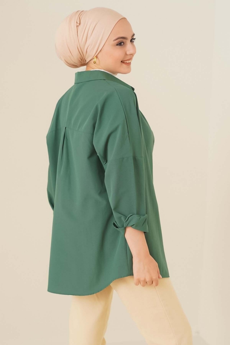 Oversize Basic Tesettür Gömlek - Zümrüt Yeşili AY13304