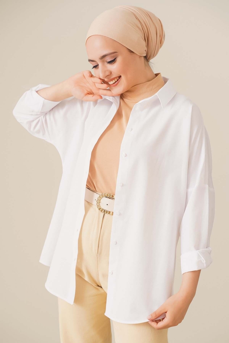 Oversize Basic Tesettür Gömlek - Beyaz AY13304