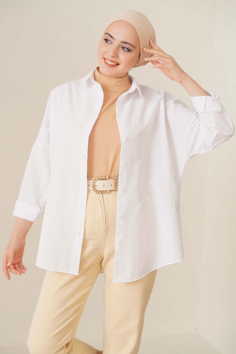 Oversize Basic Tesettür Gömlek - Beyaz AY13304