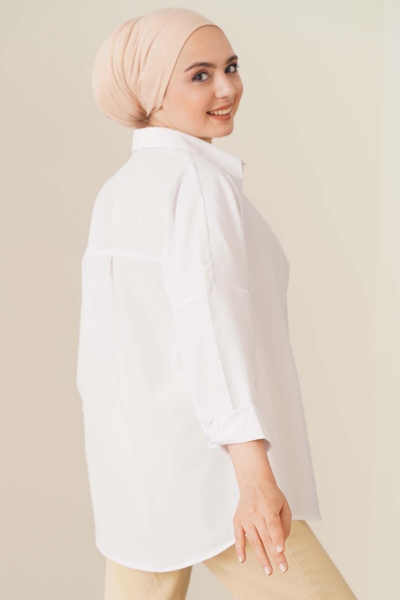 Oversize Basic Tesettür Gömlek - Beyaz AY13304