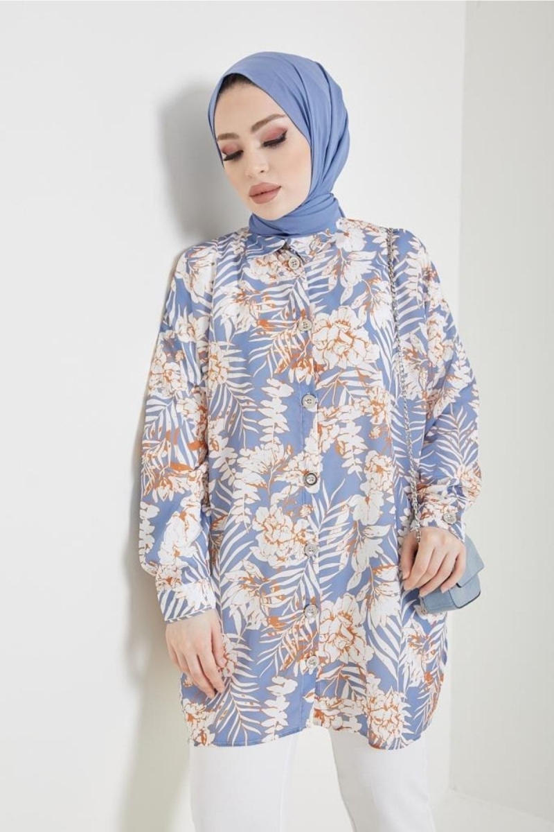 Desenli Tesettür Gömlek Mavi AY13282