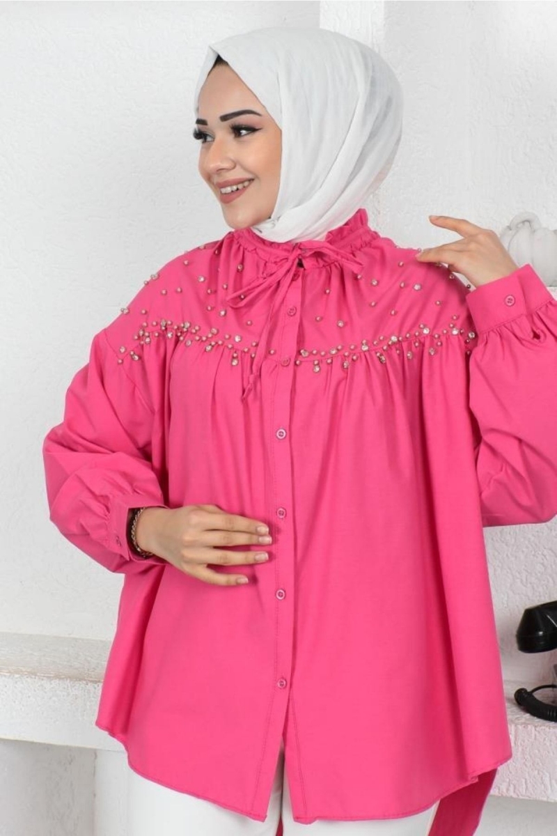 Boncuk Detaylı Tesettür Gömlek Fuşya AY13377
