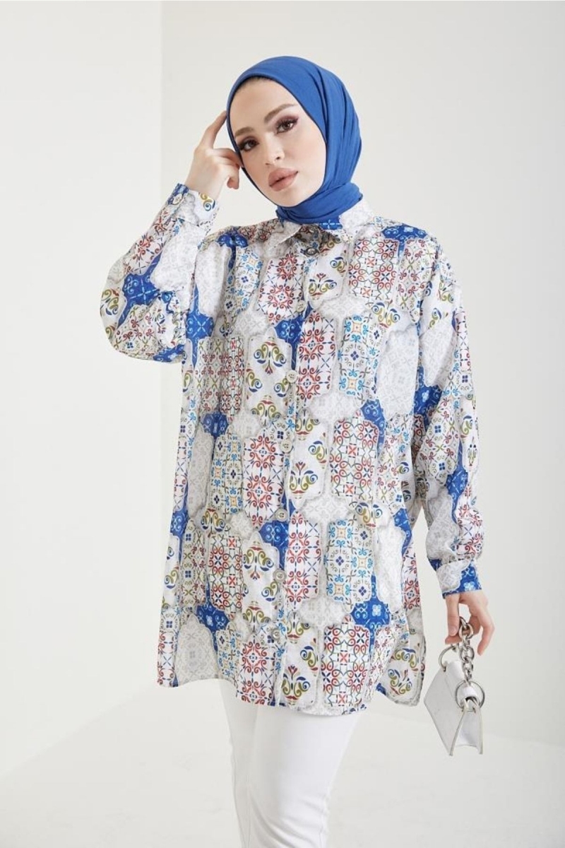 Desenli Tesettür Gömlek Indigo AY13282