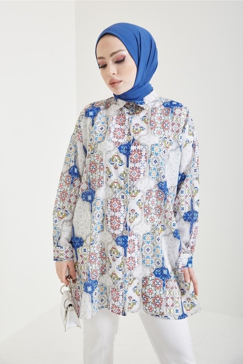 Desenli Tesettür Gömlek Indigo AY13282