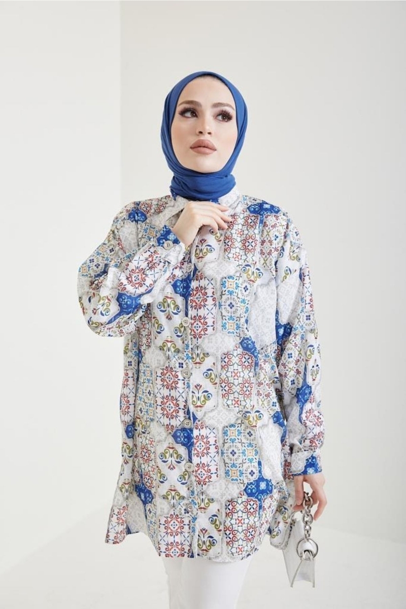 Desenli Tesettür Gömlek Indigo AY13282